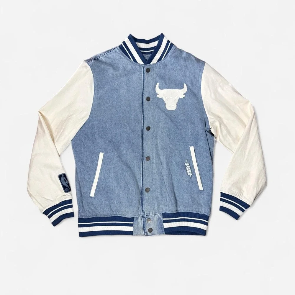 Vintage Chicago Bulls Denim Varsity Jacket Blue White Size L